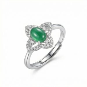 925 Sterling Silver Elegant Green Jade Cabochon Floral Ring in Sterling Silver