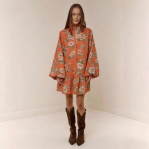 Digital-print Lantern Sleeve Linen Midi Dress