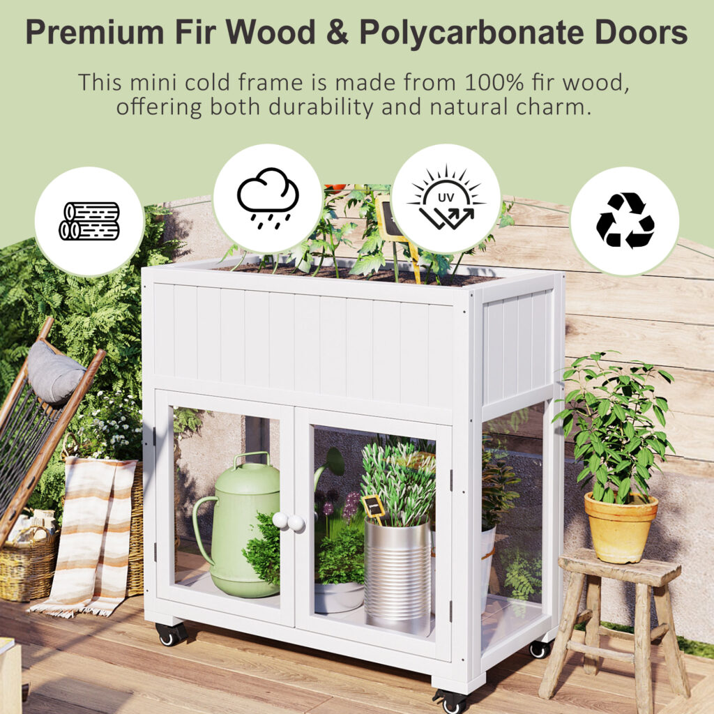 TOPMAx Patio 35.4 X17.7 X37.4 Mini Wood Cold Frame Compact 2 Doors Garden Greenhouse With Wheels Raised Bed With Liner For Indoor Outdoor Use White