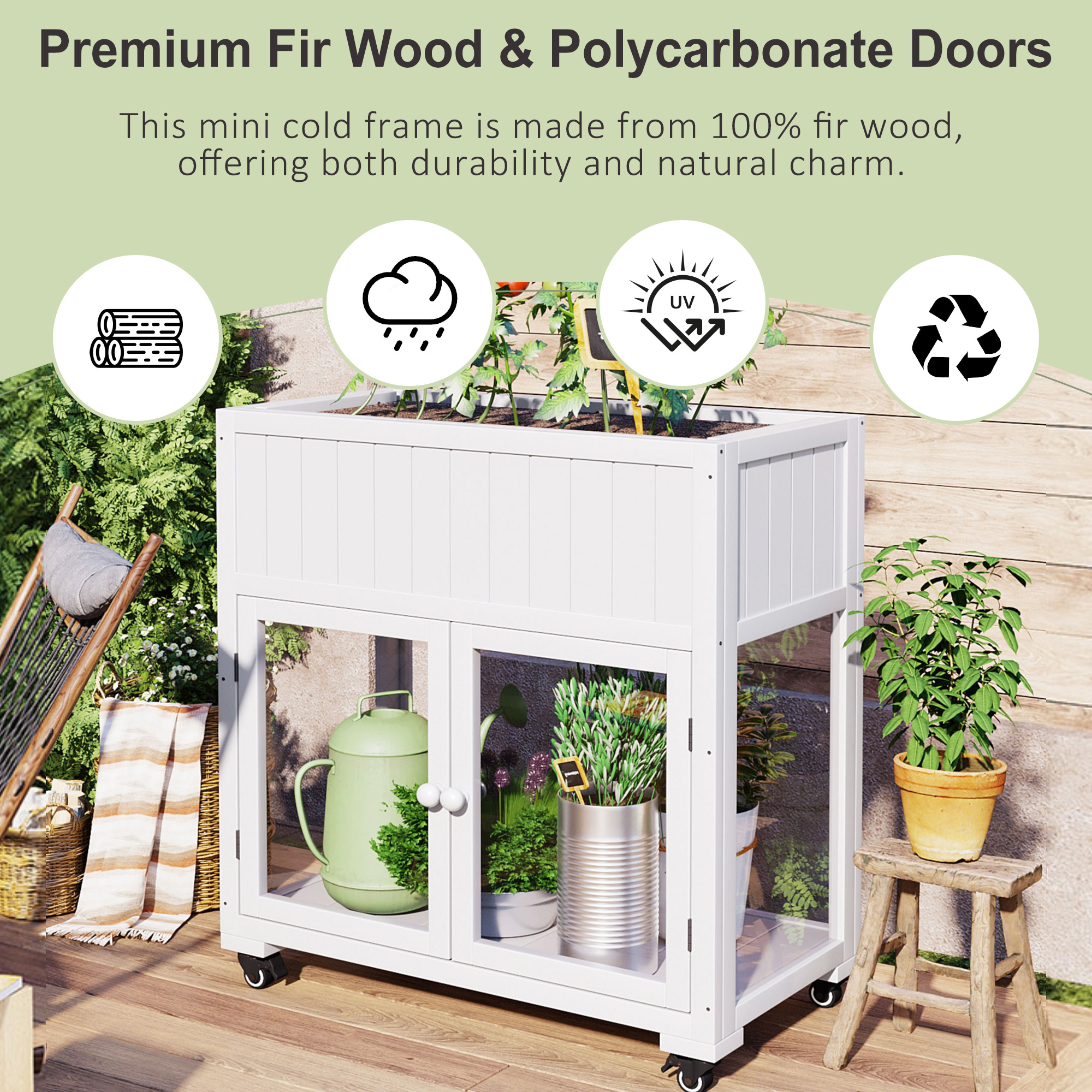 TOPMAx Patio 35.4 X17.7 X37.4 Mini Wood Cold Frame Compact 2 Doors Garden Greenhouse With Wheels Raised Bed With Liner For Indoor Outdoor Use White