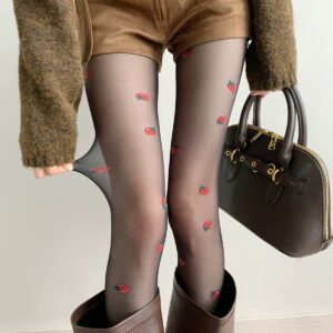 Spring And Summer Ultra-thin Sweet Strawberry Jacquard Stockings, Milky White Pure Desire Style Sheer Slimming Black Sexy Bottoming Socks For Women