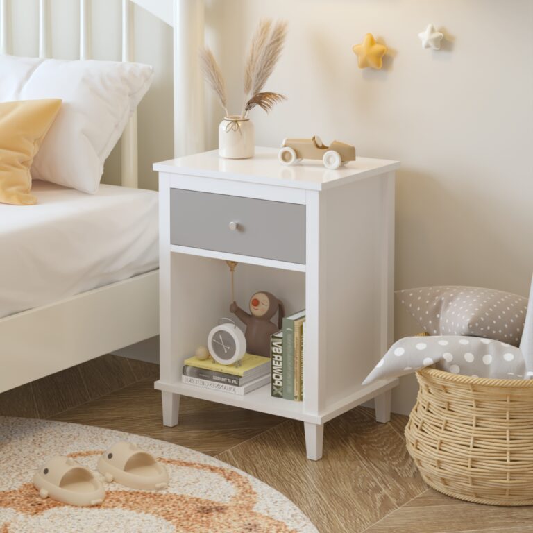 26.77”H Wooden Nightstand With One Drawer One Shelf For Kids, Adults,Gray Silver Handle