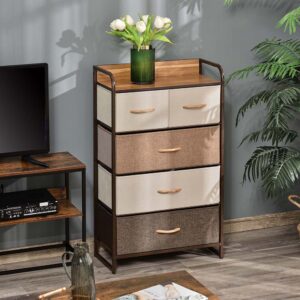 5-Drawer Fabric Dresser Tower, 4-Tier Storage Organizer With Steel Frame Drawers Can Be Folded Topping Design Included For Hallway, Bedroom, And Closet