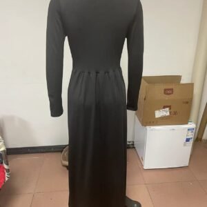 Long-sleeve V-neck Solid-color Hollow-out Dress