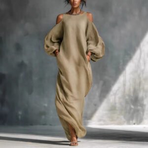 Long-sleeve Off-shoulder Midi Dress Mid-waist Pullover Style