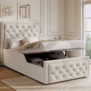 Upholstered Bed, Single Bed, Children’s Bed, 3ft-90 X 190cm, Hydraulic Bed, Bed With Headboard And Large Storage Space, Upholstered Headboard, Beige, Velvet