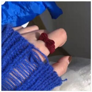 Vintage Burgundy Flocked Bow Open Ring, Sweet Girl Aesthetic Niche Design Adjustable Finger Ring