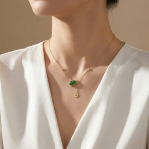 925 Sterling Silver Elegant Green Jadeite Gourd Necklace with Shimmering Stone Accents and Lucky Coin Drop
