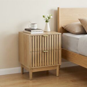 Mid-Modern Style Oak Bedside Table With Grille Design And Two Drawers. Suitable For Bedrooms, Hallways, And Living Rooms. Wooden Side Table, 17.72 X 15.35 X 22.34 Inches, Two-piece Set