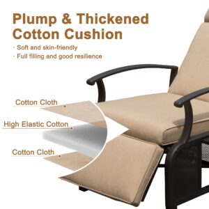 Adjustable Patio Recliner Chair Metal Outdoor Lounge Chair With Flip Table Push Back, Adjustable Angle, Removable Cushions, Support 350lbs, Beige