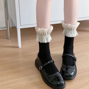 Women's Coquette Chiffon Ruffle Cuff Crew Socks, Ribbed Knit Frill Trim Socks, Sweet Aesthetic Socks For Daily Wear & Balletcore