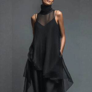 High-neck Asymmetrical Black Slip Chiffon Two-piece Set