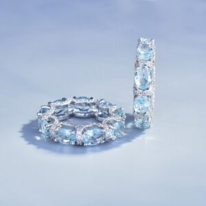 Luxury Oval Cut Aquamarine Eternity Band Ring, Micro Pave Blue Gemstone Stackable Ring For Women