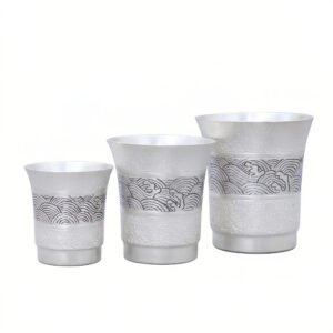 Pure 999 Fine Silver Set of Three Silver-Toned Metallic Tumblers with Artistic Wave Engravings and Hammered Texture Accents - Handicraft
