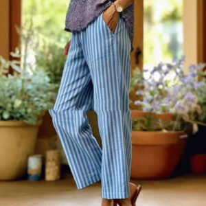 Womens Striped Elastic Waist Loose Casual Pants