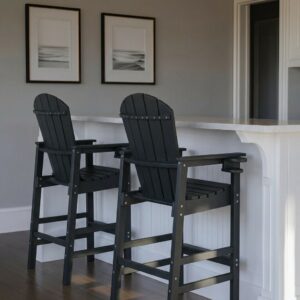 HDPE Bar Height Adirondack Chair With Cup Holder, All-Weather Outdoor Patio Bar Chair With Armrests 1 Piece BK