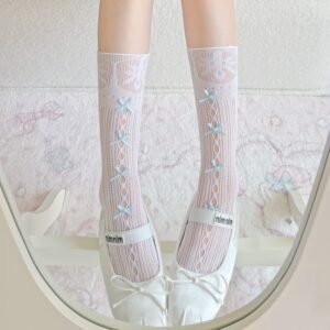 Petite Summer Thin Calf Socks, Hollow Out Design, Bow Lace Trim, Cute Ballet Lolita Style, Princess Ruffled Slouchy Short Socks
