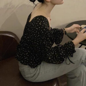 French-style Off-shoulder Square-neck Puffed-sleeve Black Floral Chiffon Blouse