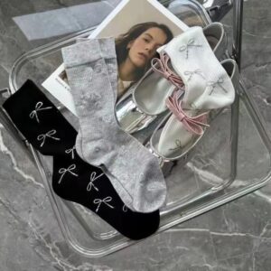3-Pack Coquette Bow Print Crew Socks, Ribbed Knit Mid-Calf Socks, Cute Casual Socks For Women & Girls