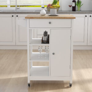 Kitchen Island Rolling Trolley Cart With Adjustable Shelves And Towel Rack Rubber Wood Table Top