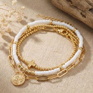Adjustable Multi-Layer Gold Bead Heart Charm Bracelet