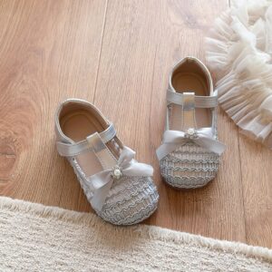 Girls’ Breathable Woven Mesh Shoes, Little Girls’ Pearl Bow Shoes, Leather Shoes, Hollow Sandals