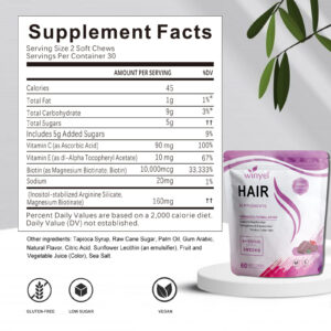 WINYEL Hair Growth Soft Chewables, Containing Hair Growth Vitamins For Men And Women, Biotin, To Help Create Thicker, Fuller, And Stronger Hair, Mixed Berries, 60 Soft Chewables.