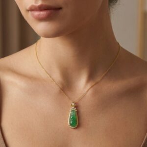925 Sterling Silver Ornate Carved Green Jadeite and Shimmering Diamond Teardrop Pendant Necklace