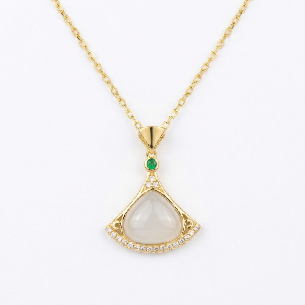 925 Sterling Silver Elegant Fan-Shaped Necklace Featuring Lustrous White Gemstone and Vibrant Green Accents
