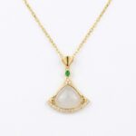 925 Sterling Silver Elegant Fan-Shaped Necklace Featuring Lustrous White Gemstone and Vibrant Green Accents