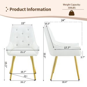 Pattern Premium PU Leather Accent Chair, Diamond Decor Backrest, Chrome Golden Metal Legs & High-Resilience Sponge Cushion Versatile For Office, Dining Room & Living Room White, Set Of 2