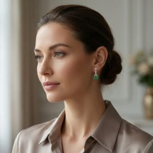 925 Sterling Silver Elegant Spherical Green Jade Drop Earrings with Sparkling Accents and Silver-tone Finish
