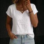Women's Casual Solid Color Short-Sleeve T-Shirt Heart-Neckline Simple Top