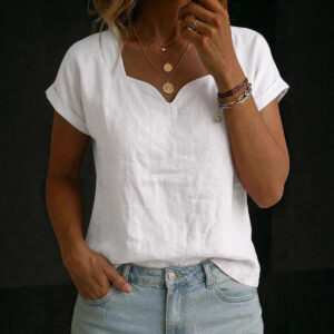 Women's Casual Solid Color Short-Sleeve T-Shirt Heart-Neckline Simple Top