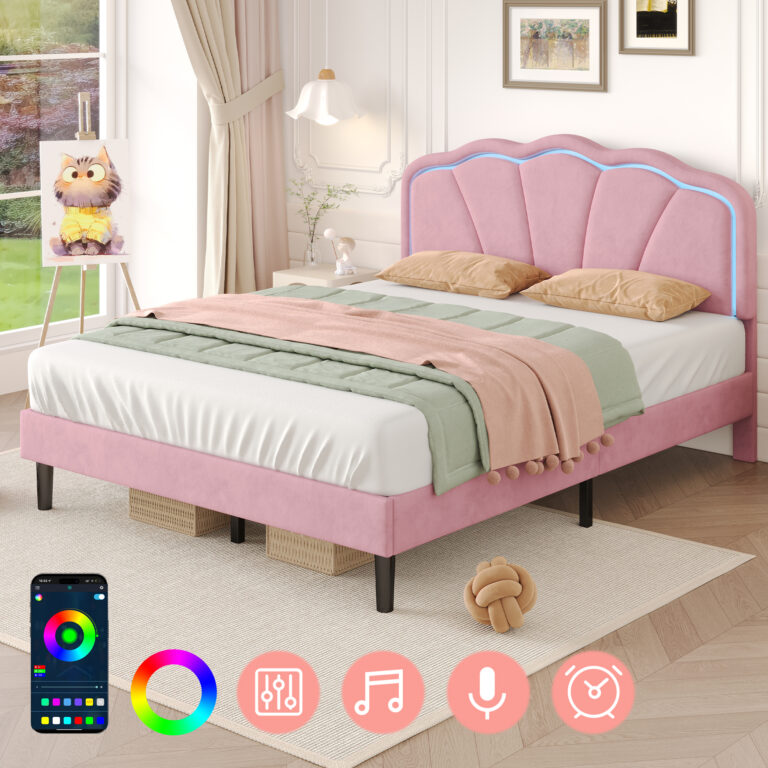 4ft6 Double Upholstered Bed With LED Adjustable Shell Shape Headboard, Soft Velvet Bed Frame With Solid Wood Slat, No Box Spring Needed, Easy Assembly, No Mattress