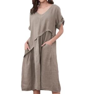 New Arrival Short-Sleeve Linen V-Neck Pocket Dress