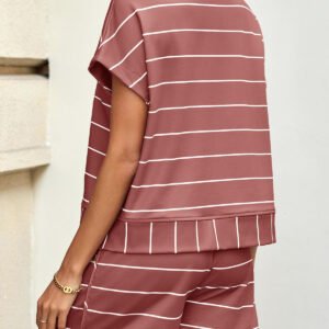 Fisoew Women Summer 2 Piece Outfits Striped Short Sleeve Zipper Shirts Casual Shorts Loose Lounge Short Sets