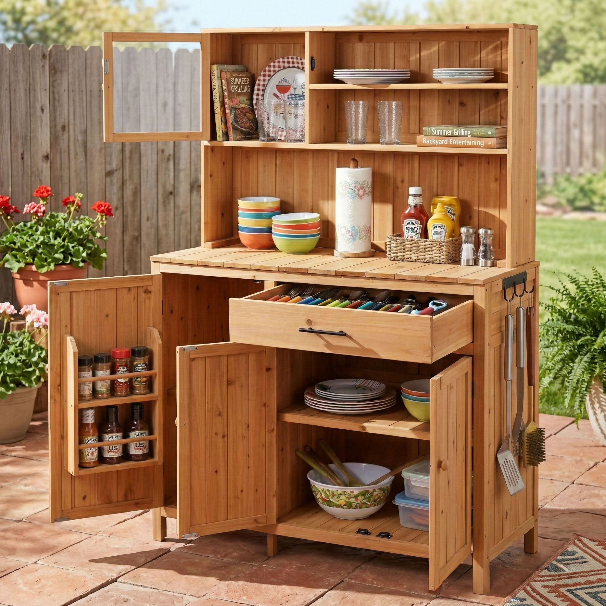 With Assembly Video TOPAMx Potting Bench With Hutch 65 H Solid Fir Wood Garden Workstation Large Countertop Patio Kitchen Island With Adjustable Shelves Spice Rack Side Hook And Drawer Natural - Image 5