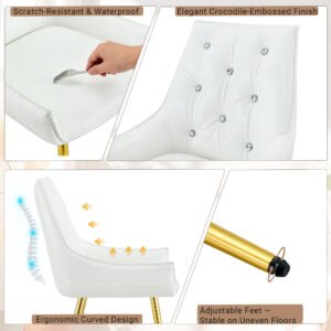 Pattern Premium PU Leather Accent Chair, Diamond Decor Backrest, Chrome Golden Metal Legs & High-Resilience Sponge Cushion Versatile For Office, Dining Room & Living Room White, Set Of 2