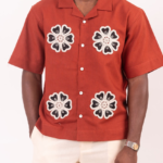 Men's Rust Red Floral Crochet Camp Collar Short Sleeve Shirt