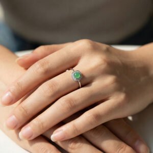 925 Sterling Silver Elegant Green Jade Cabochon Ring with Sparkling Gemstone Halo