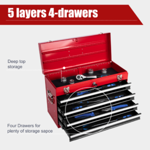 Heavy Duty Metal Tool Box, 21-inch, Portable Metal Tool Box With 4 Drawers, Small Tool Chest With EVA Liners, Ball Bearing Slide Drawers Locking & Powder Coated Finish, Multi-Function Tool Organizer