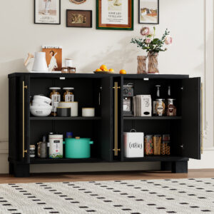 TREXM Sideboard Buffet Cabinet With Storage Wood Sideboard With Adjustable Shelves And Gold Handles For Kitchen Dining Room And Living Room Black