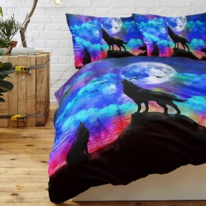 Wolf Animal Duvet Cover - 3 Pieces 3D Galaxy Moon Wolf Print Polyester Extra Soft Bedding Set, Includes 1 Duvet Cover With Zipper Closure & 2 Pillow Shams, Comforter Not Included