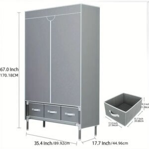 Portable Closet Wardrobe With Rolling Door & Hanging Rack - Lightweight Clothes Storage Organizer, 3 Drawers & Curtain Design-67x35x17 Inches