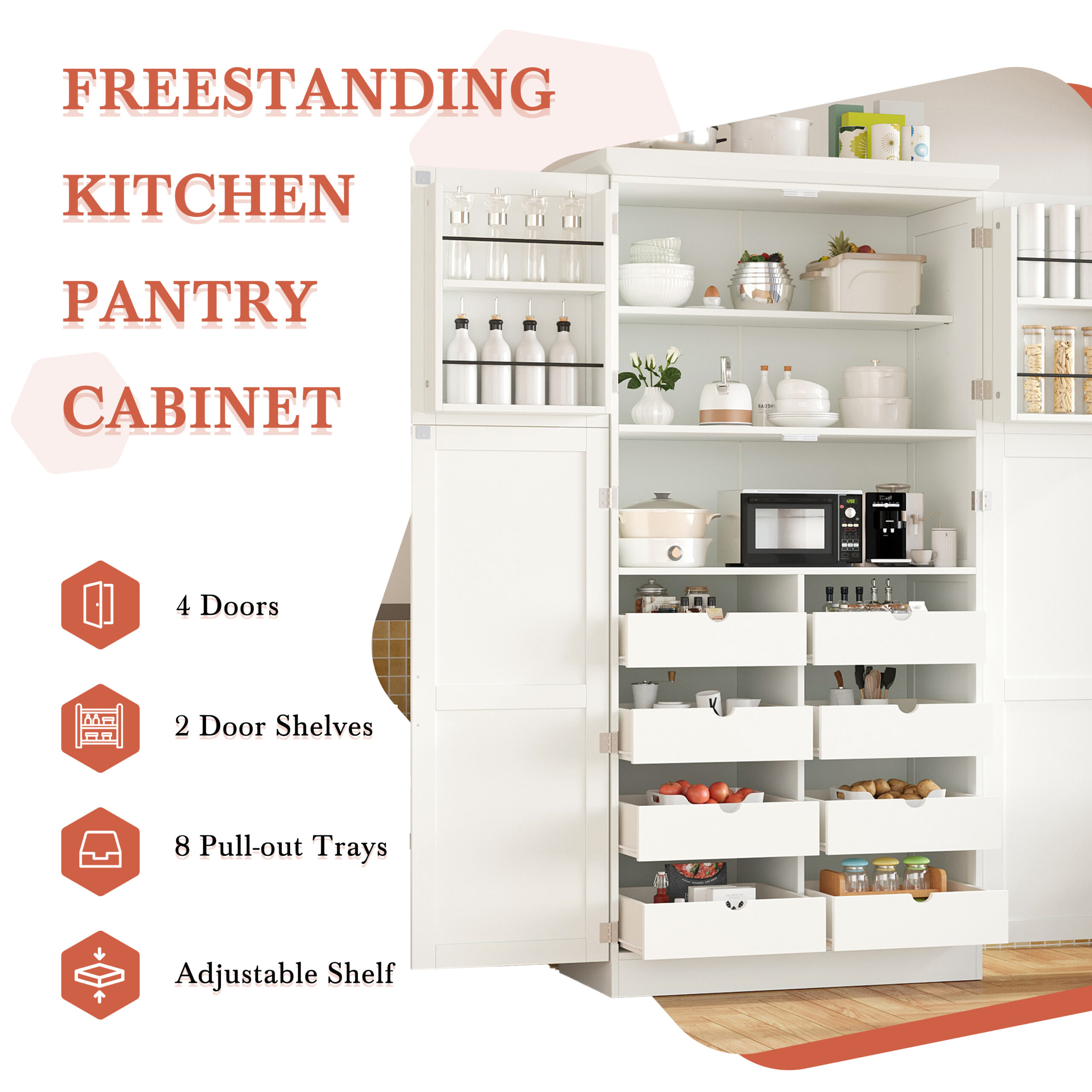TOPMAx 35.5x17.6x70.9inch Freestanding Kitchen Pantry Cabinet Tall Storage Cabinet With 4 Doors 2 Door Shelves 8 Pull- Out Trays And Adjustable Shelf For Dining Room White