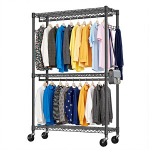 Heavy Duty Rolling Garment Rack 3 Tiers Adjustable Wire Shelving Clothes Rack With 2 Rods And Side Hooks,Storage Closet Clothing Rack With Wheels Black 15.7 D X 45.3 W X 79.6 H