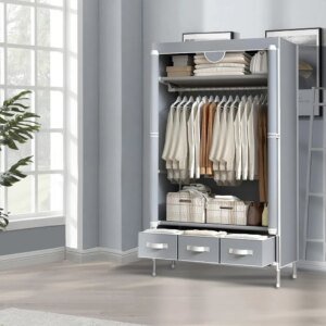 Portable Closet Wardrobe With Rolling Door & Hanging Rack - Lightweight Clothes Storage Organizer, 3 Drawers & Curtain Design-67x35x17 Inches