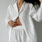Autumn Winter New Comfortable White Pure Cotton Loose-Fit Long-Sleeve Shorts Set