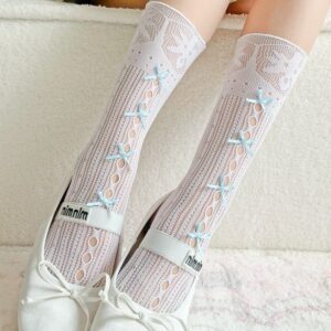Petite Summer Thin Calf Socks, Hollow Out Design, Bow Lace Trim, Cute Ballet Lolita Style, Princess Ruffled Slouchy Short Socks